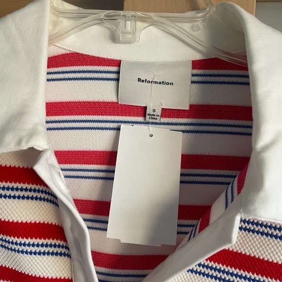 Reformation Anna Rugby Polo Shirt Striped Cropped Red Blue Long Sleeve NEW - Picture 3 of 5